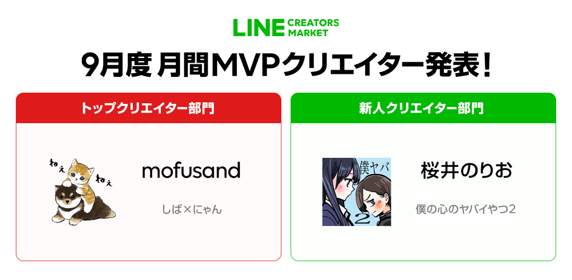 Line Creators Market 2021年9月度の月間mvp トップクリエイター部門 新人クリエイター部門 受賞者が決定 Line 株式会社のプレスリリース