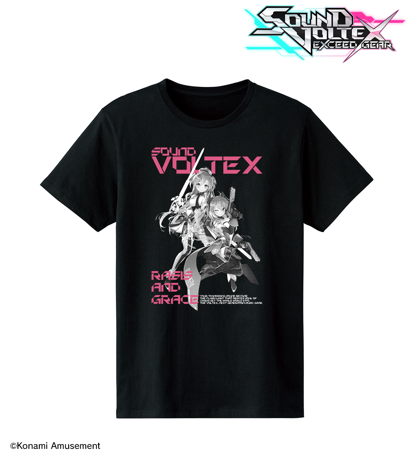 SOUND VOLTEX EXCEED GEAR』のレイシス＆グレイス Tシャツ、ロゴ