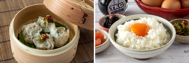 九州産高菜焼売 ／ 「てつやとのりこの玉子」の卵かけごはん