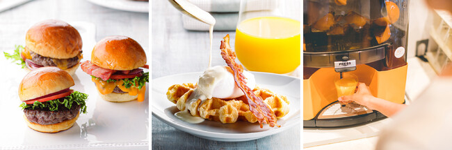 肉厚ビーフバーガー ／ クロッフル ベネディクト ／ フレッシュオレンジジュース