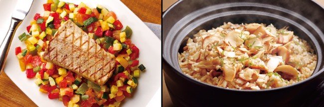 左：10月土日祝限定「マグロのグリル ソースジャポネ」、右：9月「松茸とキノコの炊き込みご飯」料理イメージ