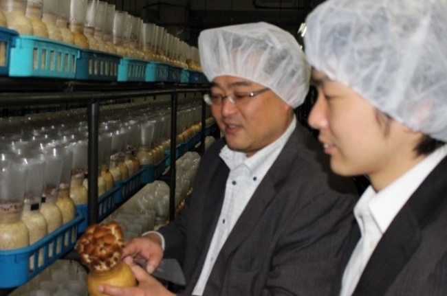 菌興椎茸協同組合 那須克紀課長代理とやなぎまつたけの菌床を見学する岸本料理長