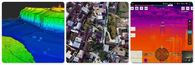 左から LiDAR撮影した点群モデル、cmレベルの精度の測量データ、正確な温度測定 左から LiDAR撮影した点群モデル、cmレベルの精度の測量データ、正確な温度測定