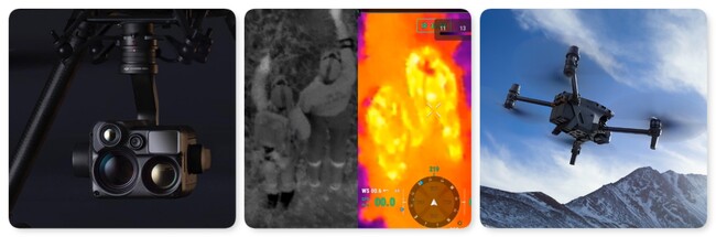 ※左から Zenmuse H20N、ナイトビジョン／サーマルカメラ映像、DJI Matrice 30