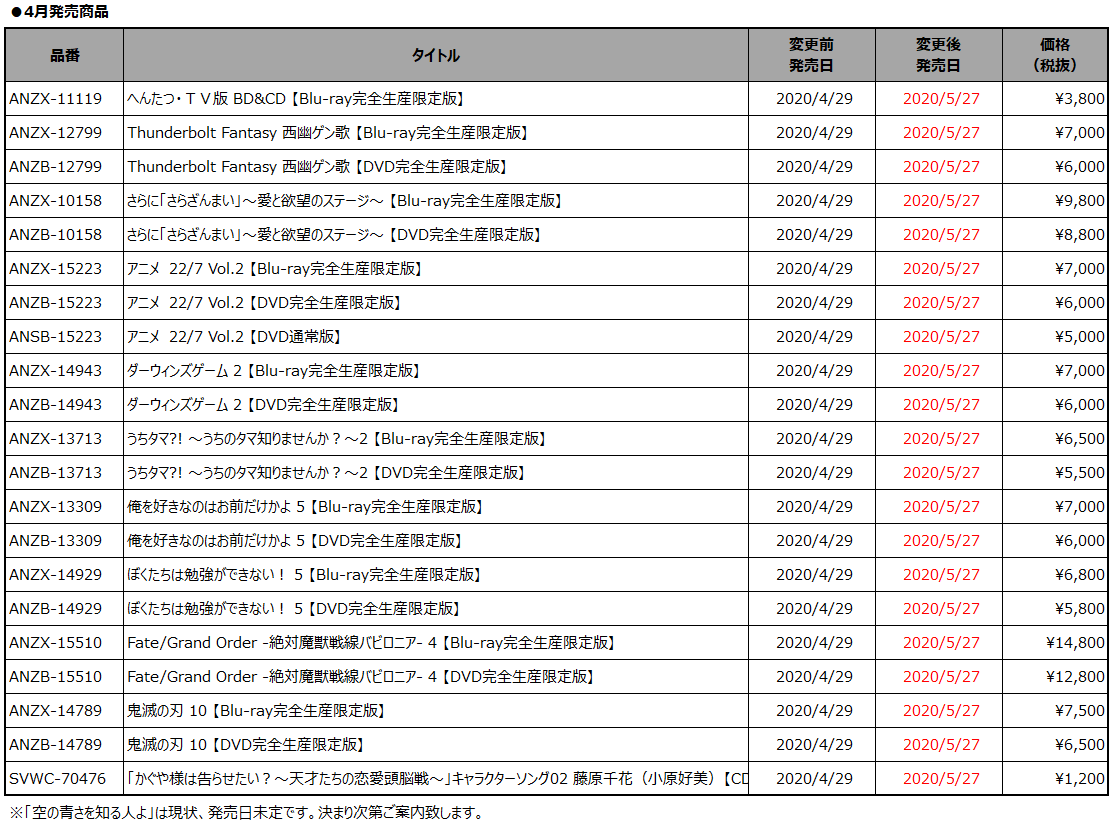 アニプレックス新譜 発売日変更のご案内