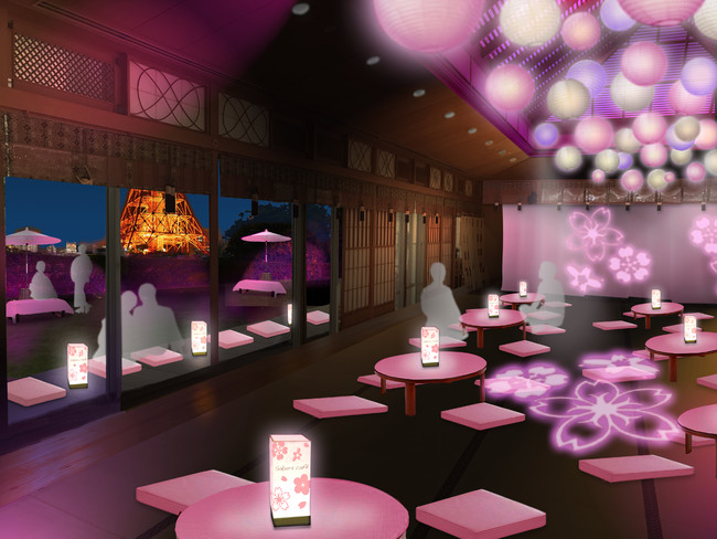 桜色で装飾された幻想的な空間で「お花見」を体験していただける