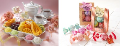 （左）お茶会セットイメージ（写真は２名様分です）（右）キャンディモチーフのバスアメニティイメージ