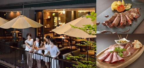 ​（左）日本庭園を望むテラス席（右上）牛ロースステーキ（1名様につき1皿）（右下）シャルキュトリ（グループにつき1皿）