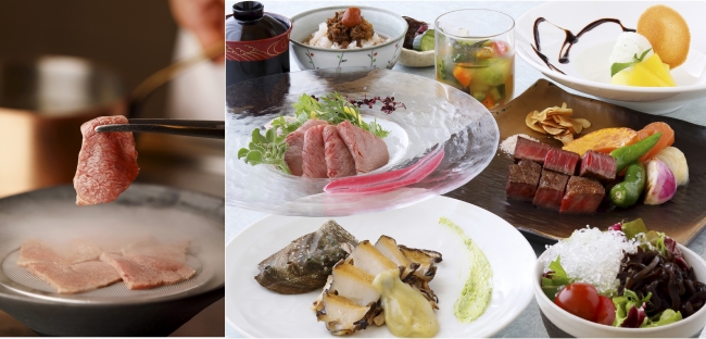 鉄板焼 葵（写真左）牛肉の冷製しゃぶしゃぶを目の前で ベビーリーフと香味野菜を添えて（写真右）葵ディナー
