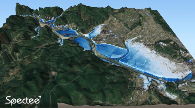 【Spectee】3Dリアルタイム浸水推定図（令和2年7月豪雨時の熊本県球磨川周辺）