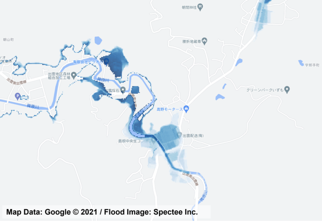 島根県出雲市周辺の浸水推定図(平面版)（2021年7月12日）- SNSの投稿画像をもとにAIで解析し作成