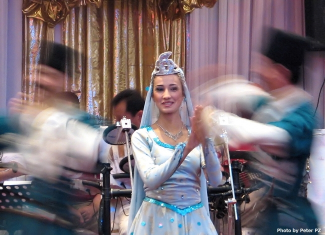 Dancers in traditional Azeri costumes at a wedding in Baku.