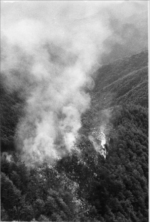 墜落現場は11時間たってもくすぶり続けた ＝1985年8月13日午前5時40分、群馬県上野村の御巣鷹の尾根（写真提供・産経新聞）