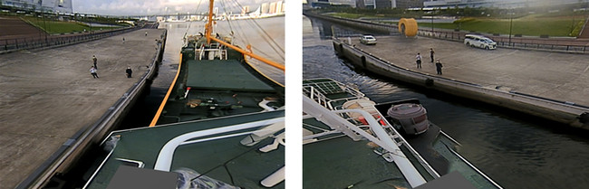 「フライングビュー映像」、前方（停泊状態、写真：左）、後方（離桟時、写真：右）