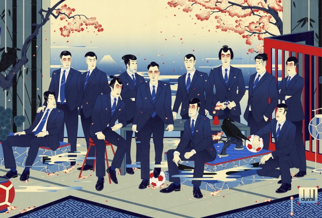 世界で注目の豪アーティスト アンドリュー アーチャー ダンヒルのサッカー日本代表オフィシャルスーツをテーマに描いた 鮮やかな浮世絵風キービジュアルを公開 ダンヒルのプレスリリース