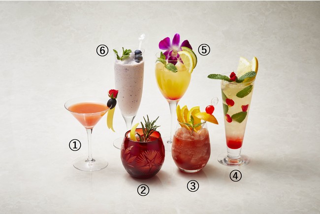 １.ビネガーフルーツヨーグルト、２.ポン酢とトマトのジンジャー、３.Frozen Fruity Su、４.FLORAL BEAUTY 酢カッシュ、５.Tropical Princess、６.ブルーベリー黒酢 豆乳シェイク