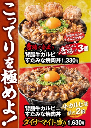 上から『唐揚げ合盛り背脂牛カルビすたみな焼肉丼』『背脂牛カルビすたみな焼肉丼”ダイナマイト盛り”』 上から『唐揚げ合盛り背脂牛カルビすたみな焼肉丼』『背脂牛カルビすたみな焼肉丼”ダイナマイト盛り”』