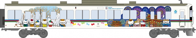 左：ラッピング電車正面、右：側面