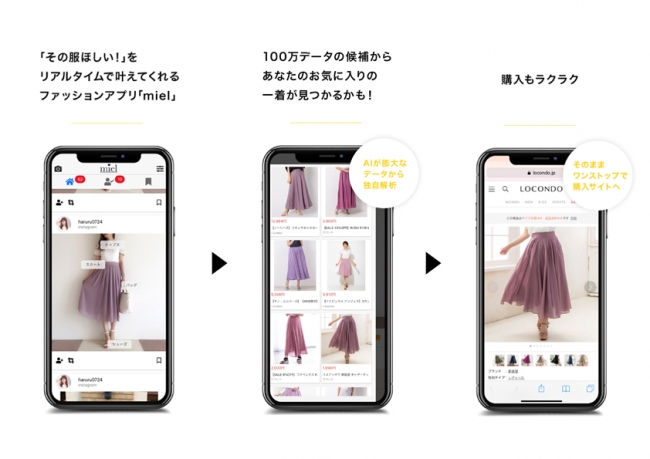 Instagramや気になるファッションスナップから似ているアイテムが見つかる 買える メタップスワン Ai ファッションマッチングアプリ Miel ミエル B版リリース 株式会社メタップスワンのプレスリリース