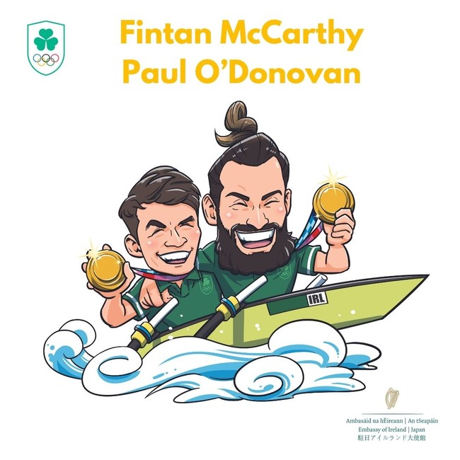 2021年7月29日、ボート・男子軽量級ダブルスカルで金メダルを獲得したフィンタン・マッカーシー選手とポール・オドノヴァン選手 （イラスト：©駐日アイルランド大使館）