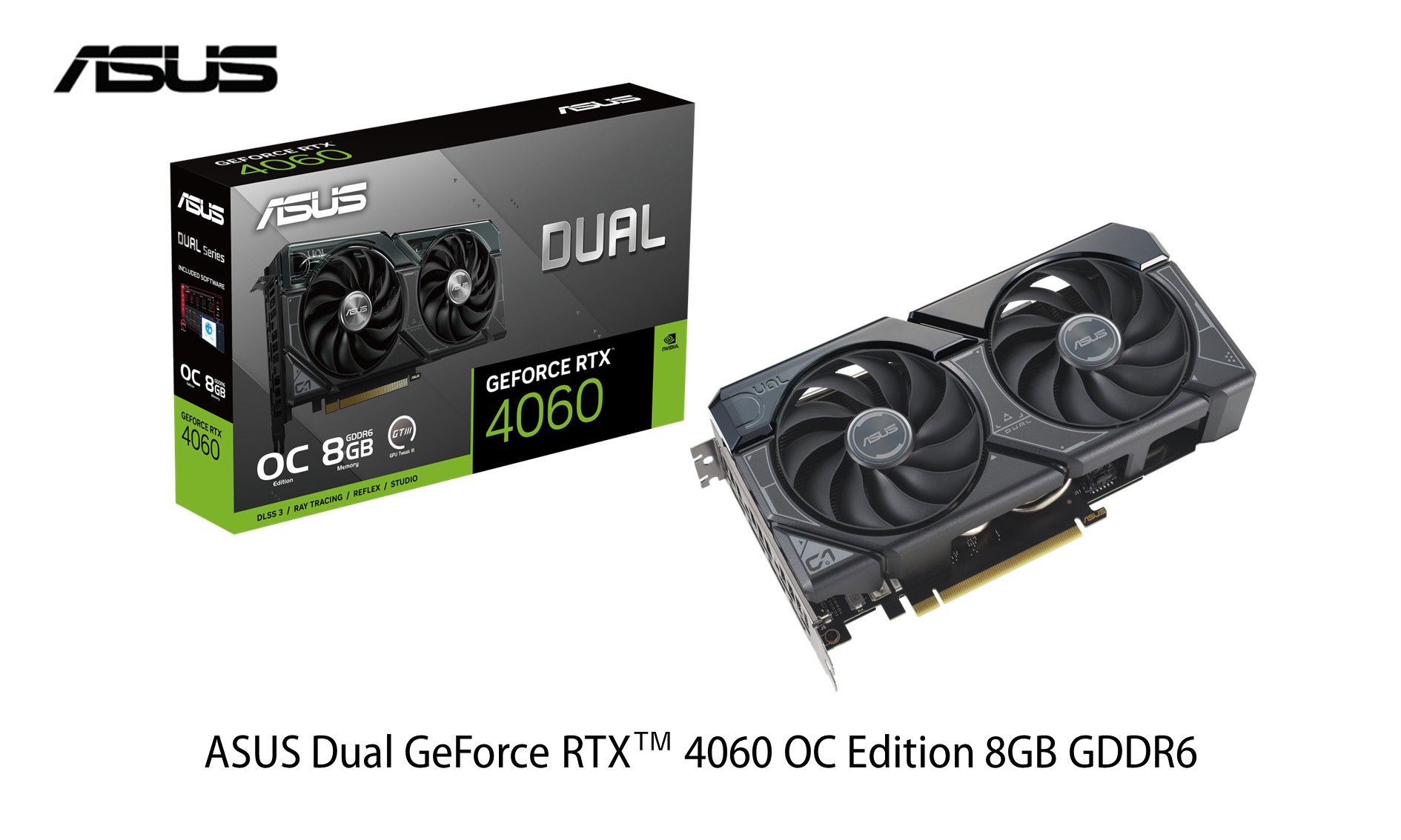 ASUSの2連ファンで2.5スロット幅のコンパクトな設計のNVIDIA GeForce