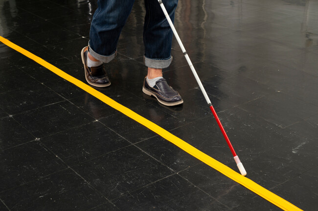 画像の説明：床に真っ直ぐに引かれたココテープをガイドに、白杖を持った人が歩いている。