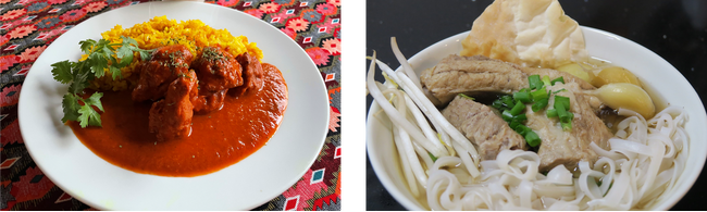 （左）バターが入ってないのにバターチキンカレーライス(Yeti Asian Dining) （右）疲労回復の最強ペア　肉骨茶フォー（東京肉骨茶)