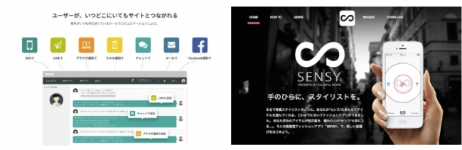 (左)ウェブ接客プラットフォーム「KARTE」は導入サイトの来訪者をリアルタイムに分析し、その属性に合わせて接客を提供する。(右)学習型人工知能アプリ「SENSY」は顧客のファッションセンスを学習し、好みに合った服を世界中のECサイトから探し出し提案する。