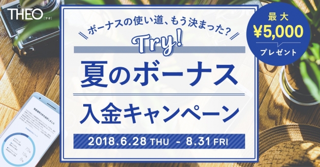 Ai搭載ロボアドバイザーでおまかせ資産運用 Theo テオ Try 夏のボーナス入金キャンペーン 実施のお知らせ 株式会社お金のデザインのプレスリリース