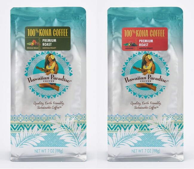 ハワイアンパラダイスコーヒー 100%コナプレミアムロースト 198g　左：豆／右：粉