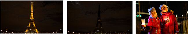 消灯前後のエッフェル塔(左・中央。(C)WWF-France)、EARTH HOURイベントに参加する子どもたち(右。(C)Julia Kalinicheva WWF-Russia) 消灯前後のエッフェル塔(左・中央。(C)WWF-France)、EARTH HOURイベントに参加する子どもたち(右。(C)Julia Kalinicheva WWF-Russia)