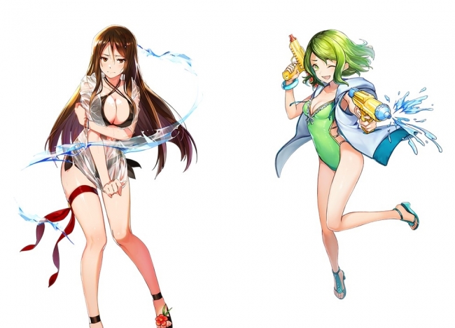 左：水着バージョンの★4「エリサ」／普段は勝ち気な彼女も水着でタジタジ？　                   右：水着バージョンの★4「キュペリ」／お天気お姉さんも今日だけは一緒に弾けちゃう！