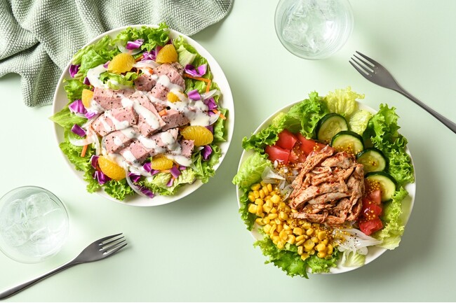 『レモンペッパーポークと甘夏みかんのデリサラダ』（左）と『バーベキューチキンとたっぷり夏野菜のサラダ』（右）