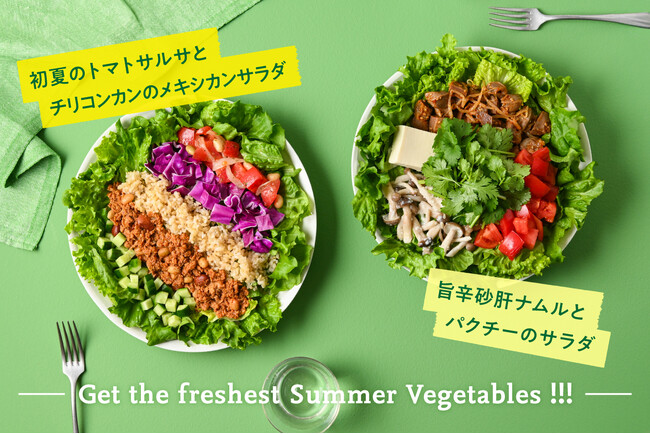 5～6月限定『初夏のトマトサルサとチリコンカンのメキシカンサラダ』と『旨辛砂肝ナムルとパクチーのサラダ』