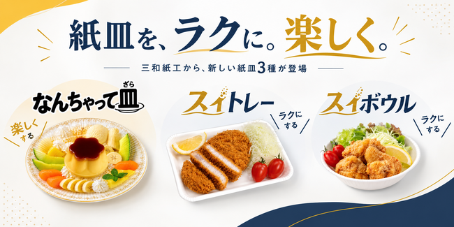 三和紙工の紙皿3種。油吸収と絵柄完成の新作