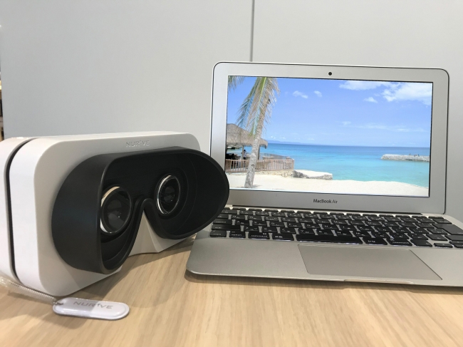 高精度&360°のバーチャル内覧「THETA 360.biz」(リコー)をVR端末「クルール」(ナーブ)で閲覧可能に。 旅行代理店などの営業担当者がPC画面を同時閲覧しながら、VR映像で接客可能。
