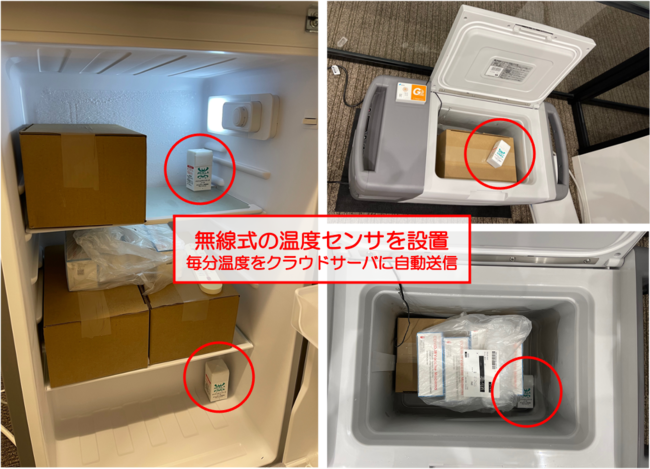 保管庫に設置された無線式の温度センサ