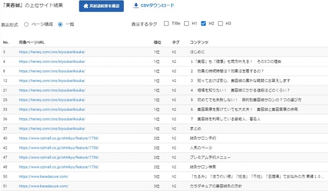 見出しタグをTitle, H1, H2, H3に絞込んで一覧することができる