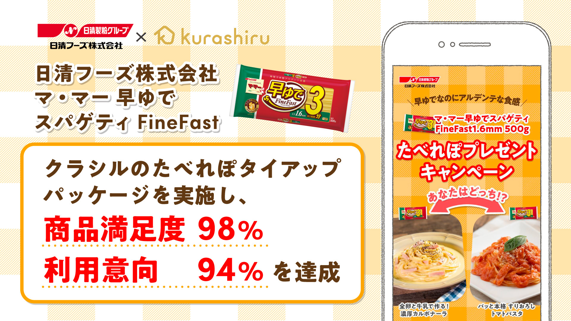 国内No.1のレシピ動画「クラシル」、日清フーズ「マ・マー 早ゆでスパゲティ」のプロモーションにて「たべれぽタイアップパッケージ」を実施し利用意向を促進