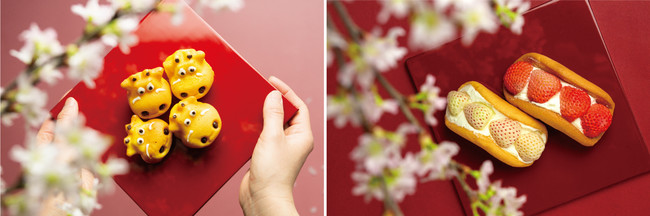 ※イメージ　（左）小野寺さんの日本一有機人参を使った赤べこカステラ ／ （右）白井さんの白イチゴと桃薫（とうくん）を使ったいちごサンド