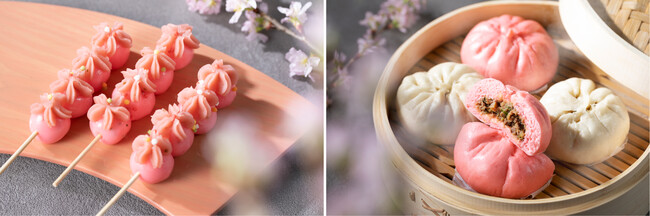 （右）桜餡のお花見団子／（右）徳島県松茂町の蓮根を使用した肉まん　※写真はイメージです