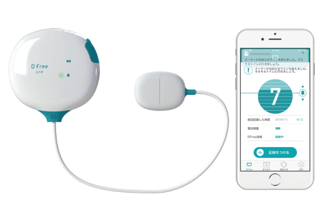 DFree本体（左）と排泄タイミングを お知らせするアプリ画面イメージ（右）