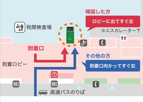 設置場所は、福岡空港国際線ターミナル1階 到着口 向かってすぐ右（到着口を出てすぐ左手）