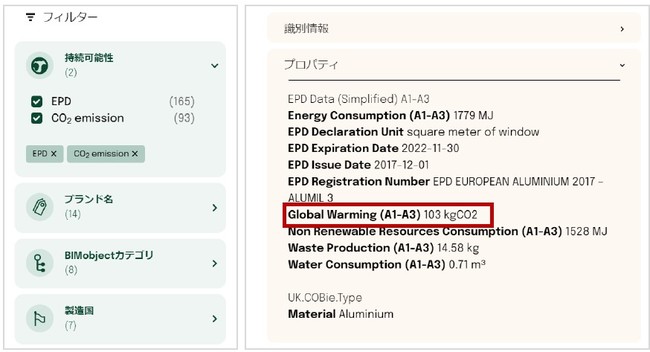 ▶左：検索フィルターのトップに「持続可能性」が追加、右：メーカーオブジェクトページのプロパティエリアには、EPD情報や地球温暖化につながる二酸化炭素排出量（Global Warming）の記載がある