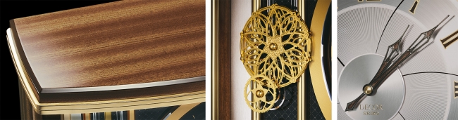 （左）研磨光沢仕上げの「リボン杢」のサペリ柾目　（中）エッチングで作られた回転飾り　（右）手作業による塗料入れを施した針