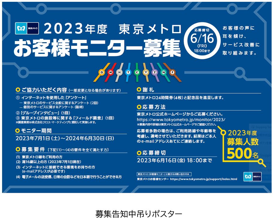 『2023年度 東京メトロお客様モニター』500名募集｜東京メトロの