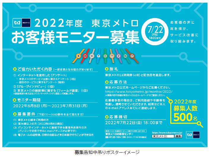 2022年度 東京メトロお客様モニター』500名募集｜東京メトロのプレス