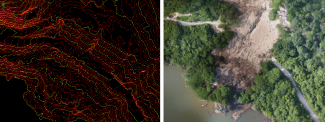 UAV(ドローン)レーザにて計測した、災害後のダムへの土砂流入量調査と等高線データ