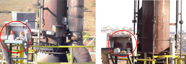 ドローンにより撮影されたフレアスタックの一部（右側の警告灯と比較すると、左側の警告灯が変形しているのがわかる）