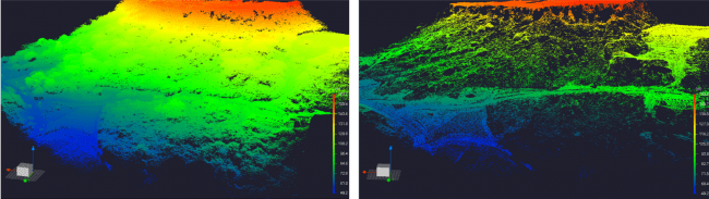 LiDARシステムを活用すれば、オリジナルデータ（左）から地表面データ（右）が取得可能